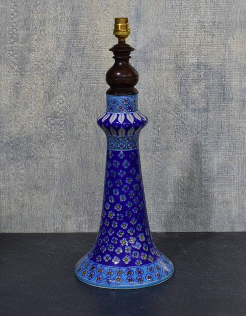 Jaipur Blue Pottery Handmade Lamp 12 Without Shade in Blue Base With White & Yellow Florals (Without Lampshade)